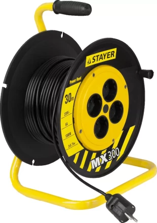 Удлинитель на катушке, 30 м, 1300 Вт, 4 гнезда, ПВС 2x0,75 мм2, STAYER 55073-30 купить в Магнитогорске