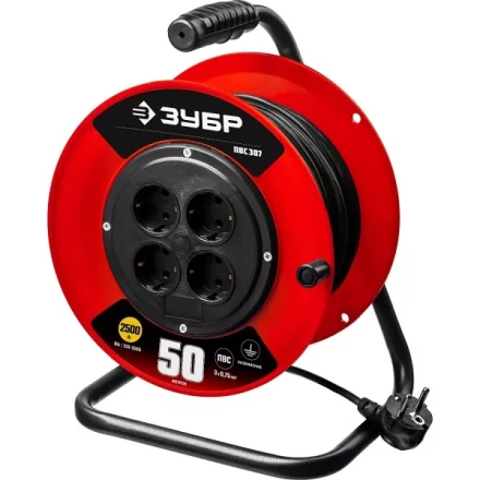 Удлинитель на катушке &quot;ПВС 307&quot;, 50 м, 2500 Вт, 4 гнезда, ПВС 3х0,75 кв мм, ЗУБР 55083-50 купить в Магнитогорске
