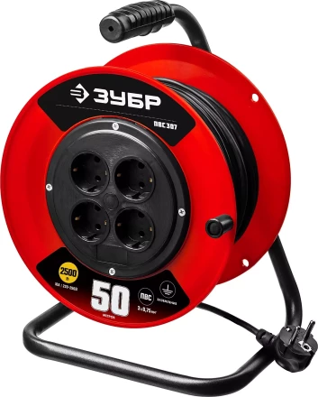 Удлинитель на катушке &quot;ПВС 307&quot;, 50 м, 2500 Вт, 4 гнезда, ПВС 3х0,75 кв мм, ЗУБР 55083-50 купить в Магнитогорске