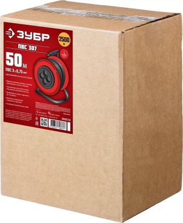 Удлинитель на катушке &quot;ПВС 307&quot;, 50 м, 2500 Вт, 4 гнезда, ПВС 3х0,75 кв мм, ЗУБР 55083-50 купить в Магнитогорске
