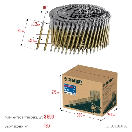 ЗУБР CNW 80 х 3.1 мм, барабанные гвозди рифленые оцинкованные, 3600 шт (305383-80) купить в Магнитогорске
